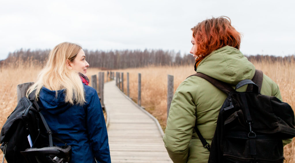 Kivelä ja Kolehmainen kävelevät pitkospuilla kaislikossa, katsovat toisiaan hymyillen.